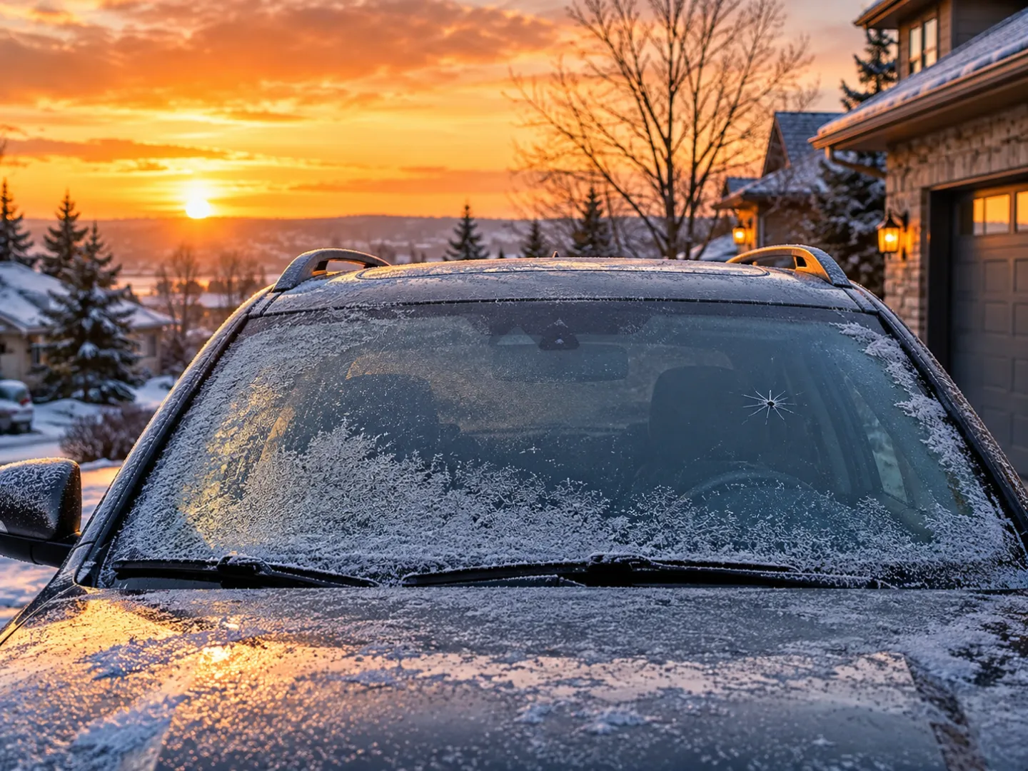 Frosted SUV windshield at golden winter sunrise